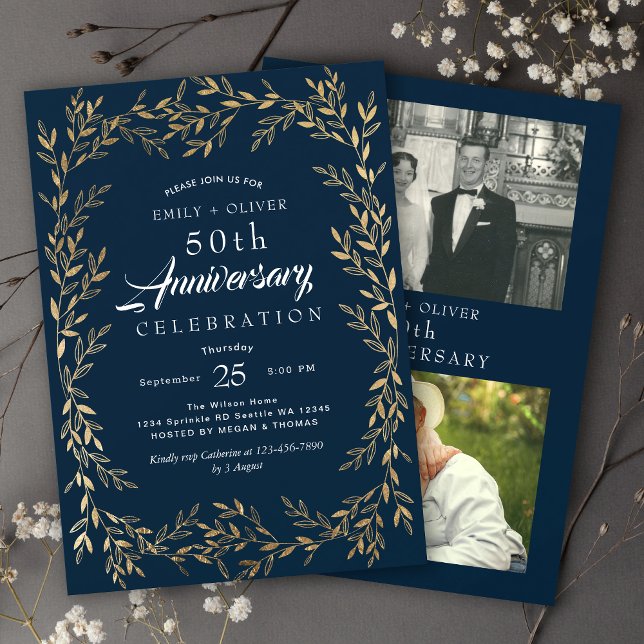 Invitación Foto del Aniversario de la Hoja de Oro Azul Elegan (Subido por el creador)