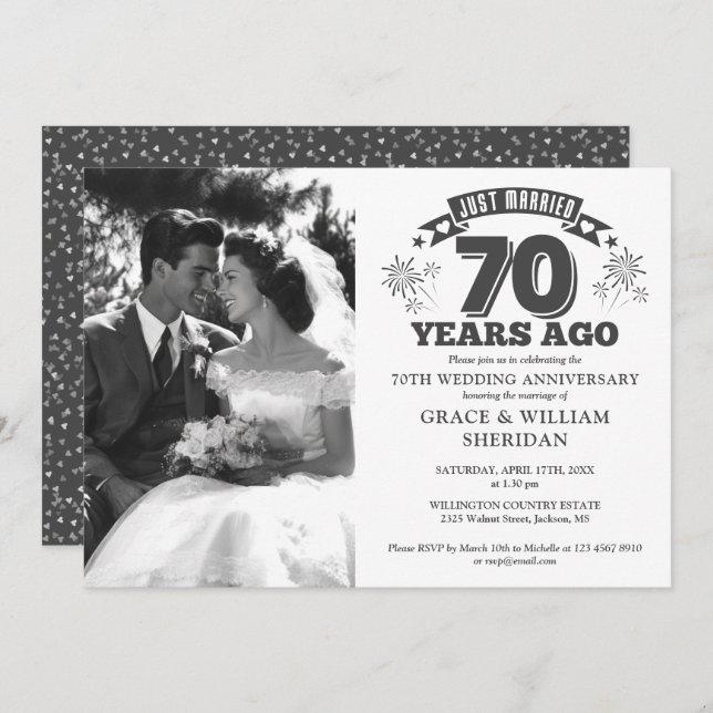 Invitación Foto del aniversario del Boda recién casado 70. (Anverso / Reverso)