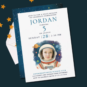 Invitación Foto del astronauta del lindo cohete espacial azul