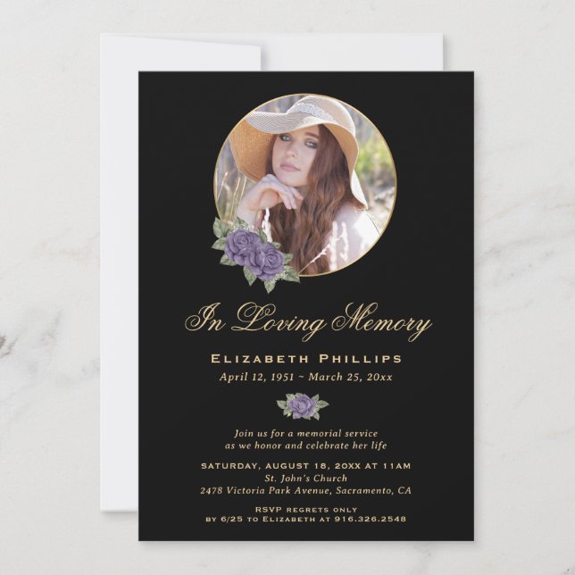 Invitación Foto del Black Gold Purple Floral Memorial Service (Anverso)