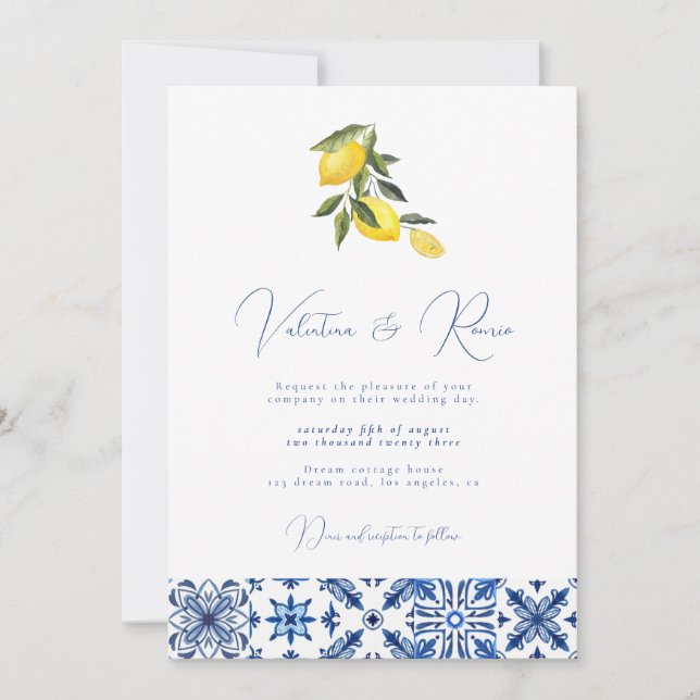 Invitación Foto del boda Blue Mediterranean Tile and citrus (Anverso)