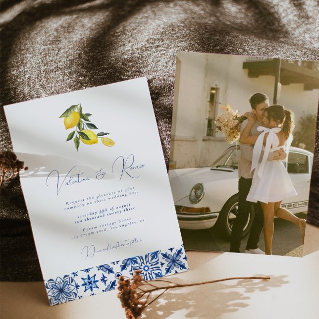 Invitación Foto del boda Blue Mediterranean Tile and citrus (Subido por el creador)