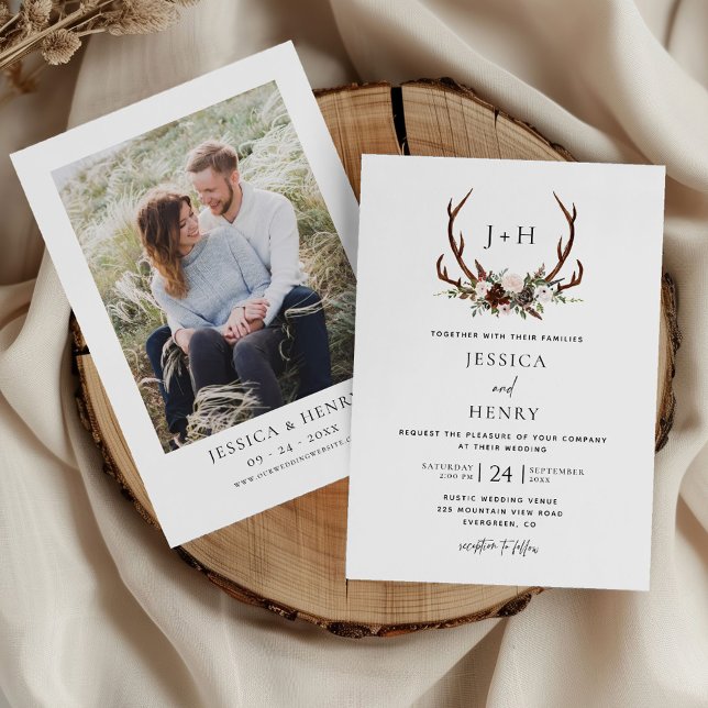 Invitación Foto del Boda Boho Rustic Floral Antlers (Subido por el creador)