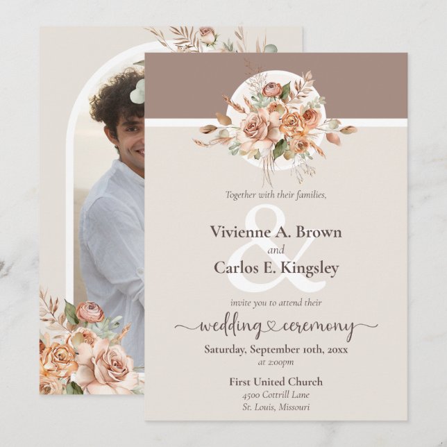 Invitación Foto del Boda Boho Rústico Floral de tono ligero d (Anverso / Reverso)