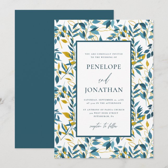 Invitación Foto del Boda botánico Rustic Blue and Gold (Anverso / Reverso)