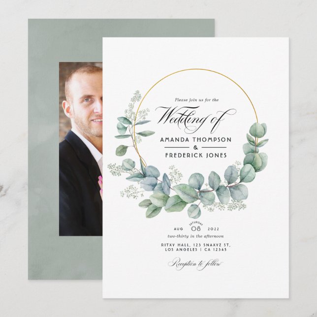 Invitación Foto del Boda de eucalipto geométrico de sabio pla (Anverso / Reverso)