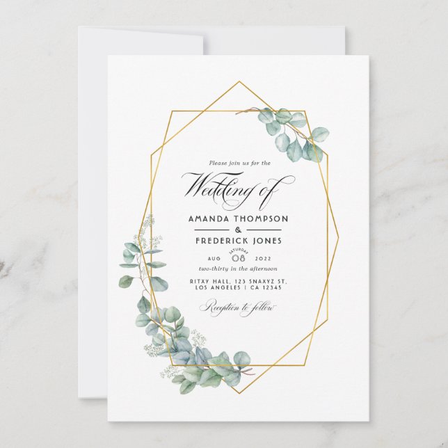 Invitación Foto del Boda de eucalipto geométrico de sabio pla (Anverso)