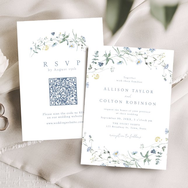 Invitación Foto del Boda del Boho Rústico Dusty Blue Wildflow (Dusty Blue Wildflower Rustic Boho Wedding Photo Invitation)