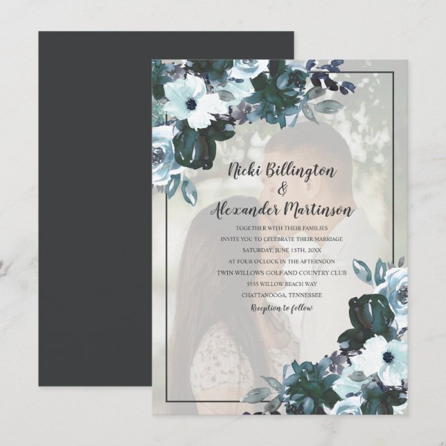 Invitación Foto del Boda Dusty Twilight Blue Floral (Anverso / Reverso)