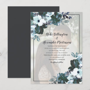 Invitación Foto del Boda Dusty Twilight Blue Floral