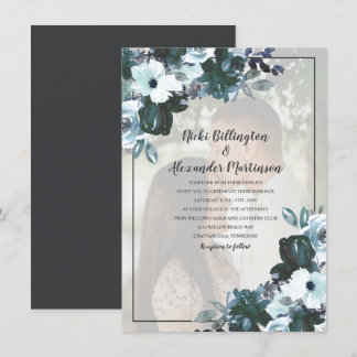 Invitación Foto del Boda Dusty Twilight Blue Floral