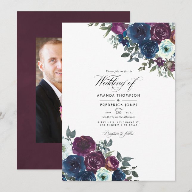 Invitación Foto del Boda floral de Plum and Navy (Anverso / Reverso)