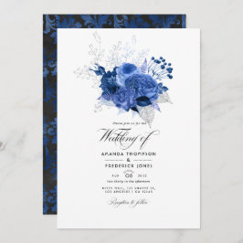 Invitación Foto del Boda floral real azul y plateado