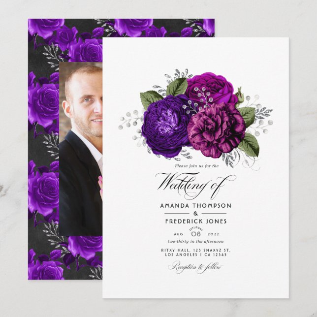 Invitación Foto del Boda floral real morado y plateado (Anverso / Reverso)