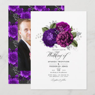 Invitación Foto del Boda floral real morado y plateado