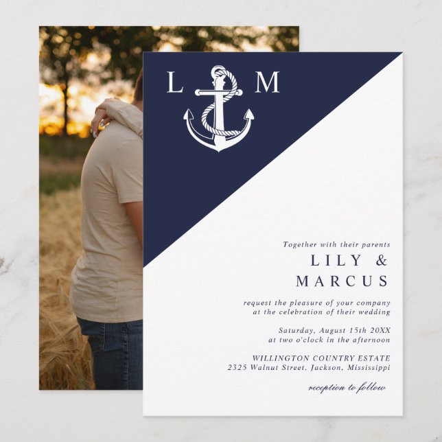 Invitación Foto del Boda Náutico Azul de la Marina minimalist (Anverso / Reverso)