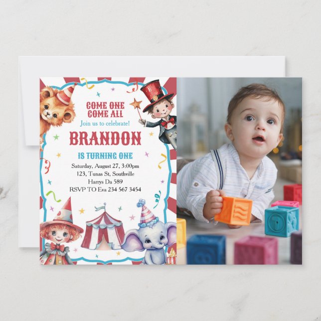 Invitación Foto del Carnaval de Circo Primer Cumpleaños (Anverso)