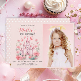 Invitación Foto del castillo rosado de las niñas de 2º cumple