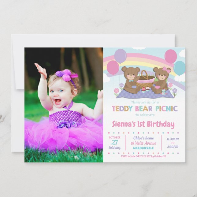 Invitación Foto del Chica de cumpleaños 1.º de Rainbow Teddy  (Anverso)