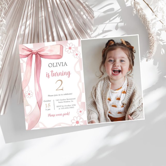 Invitación Foto del Chica de cumpleaños 2 de Pink Bow (Subido por el creador)