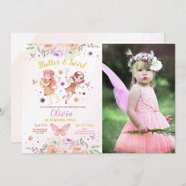 Invitación Foto del Chica de hadas de cumpleaños Birthday Par (Anverso / Reverso)