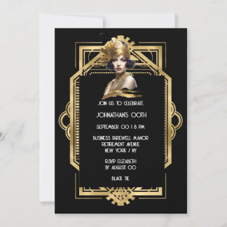 Invitación Foto del chica Gatsby Flapper de oro negro de los