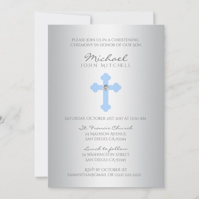 Invitación Foto del chico de la Cruz Azul Plata / Baptism (Anverso)