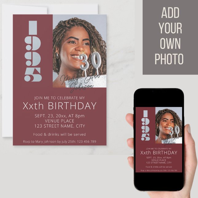 Invitación foto del cumpleaños 30 nacido en 1995 rojo burdeos (Subido por el creador)
