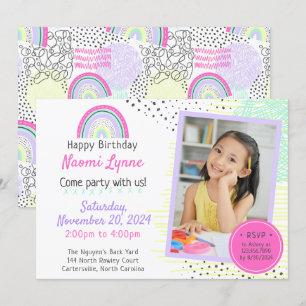 Invitación Foto del cumpleaños 90 del Chica arcoiris Kawaii D