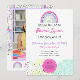 Invitación Foto del cumpleaños 90 del Chica arcoiris Kawaii D