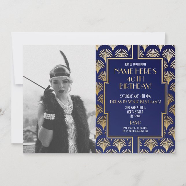 Invitación Foto del cumpleaños Art Decó de 1920 Gatsby Fiesta (Anverso)