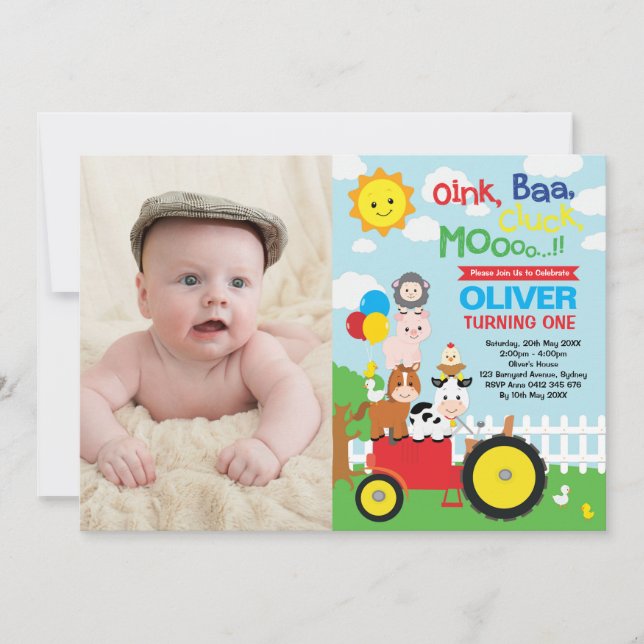 Invitación Foto del cumpleaños de los animales del campo del (Anverso)