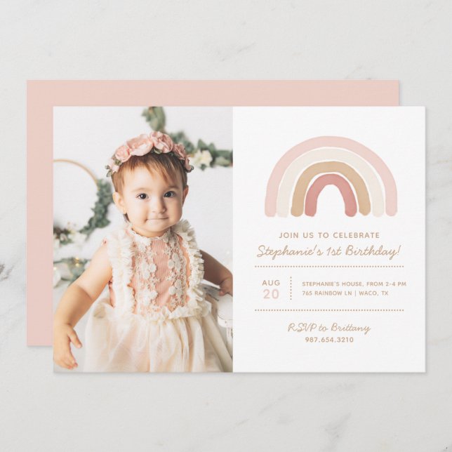 Invitación Foto del cumpleaños del Chica arcoiris del Boho ro (Anverso / Reverso)