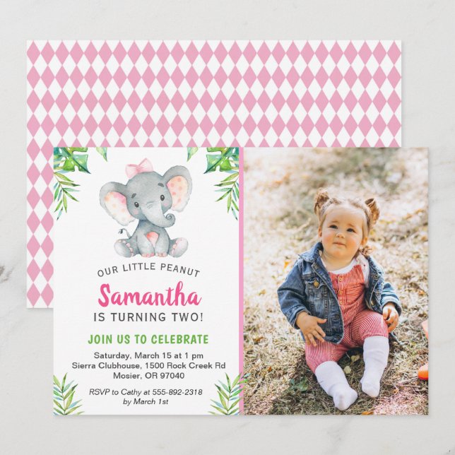 Invitación Foto del cumpleaños del elefante pequeño Chica de  (Anverso / Reverso)