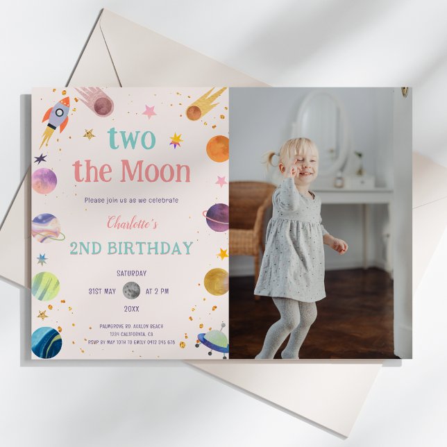 Invitación Foto del espacio exterior de Two the Moon Pastel (Two the Moon Pastel Outerspace - Space 2nd Photo Birthday Invitation )