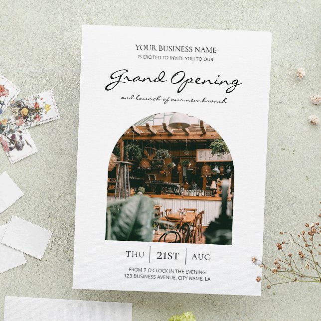 Invitación Foto del evento de lanzamiento de Business Grand O (Modern business grand opening photo invitation with script fonts and one large photo)