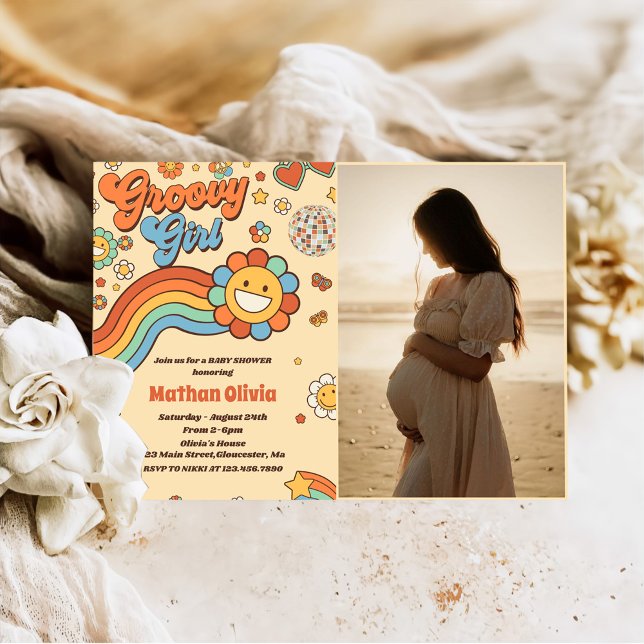 Invitación Foto del Fiesta de Baby Shower Groovy Chica Retro  (Subido por el creador)