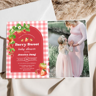 Invitación Foto del Fiesta de Baby Shower Pink Gingham Strawb