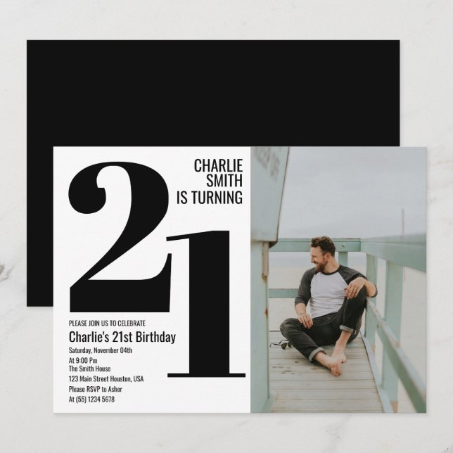 Invitación Foto del Fiesta de cumpleaños 21 de Black and Whit (Anverso / Reverso)