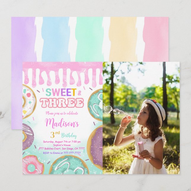 Invitación Foto del Fiesta de Donut Rosado en el tercer cumpl (Anverso / Reverso)