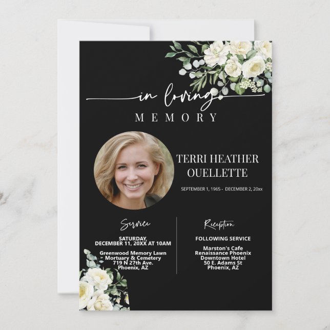 Invitación Foto del funeral de los Rosas blancos negros (Anverso)