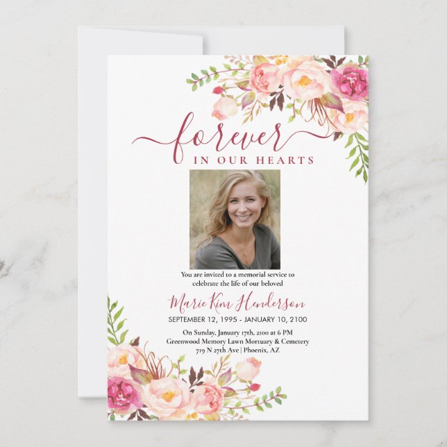 Invitación Foto del Funeral del Servicio Memorial de Boho Ros (Anverso)