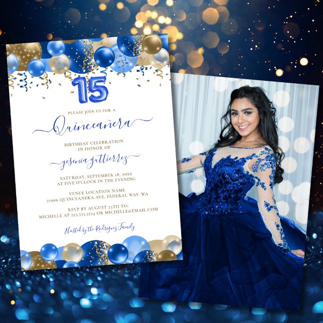 Invitación Foto del globo de Quinceañera Royal Blue Gold (Royal Blue Gold Quinceañera Balloon Photo Invitation)