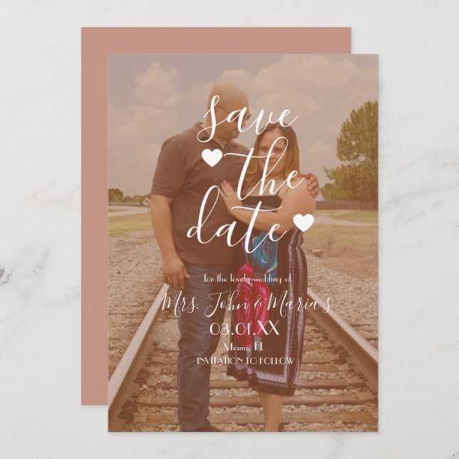 Invitación Foto del guión del corazón blanco Guardar la fecha (Anverso / Reverso)