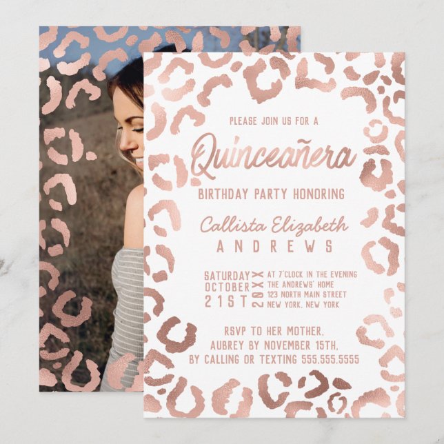 Invitación Foto del leopardo Quinceañera de oro de rosa blanc (Anverso / Reverso)