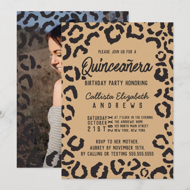 Invitación Foto del leopardo Quinceañera de oro negro (Anverso / Reverso)