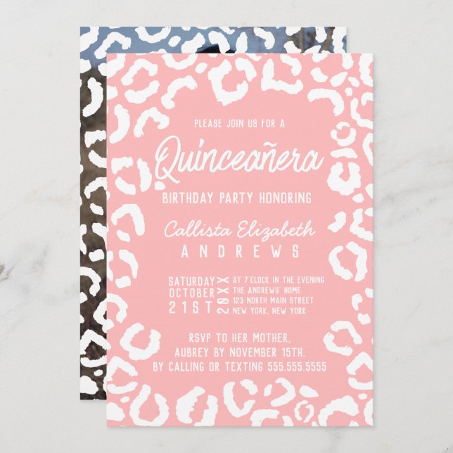 Invitación Foto del leopardo Quinceañera del Coral Blanco (Anverso / Reverso)