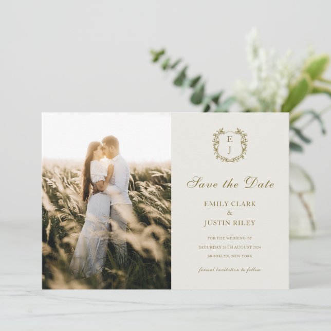 Invitación Foto del Monograma de Oro Clásico Guardar el Boda  (Anverso de pie)