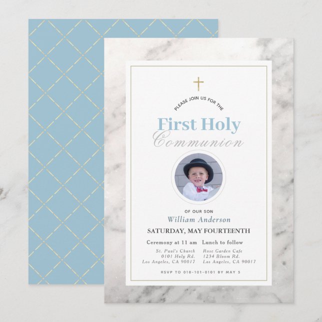 Invitación Foto del niño de mármol blanco, primera comunión s (Anverso / Reverso)