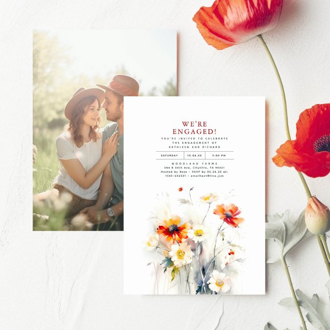 Invitación Foto del partido de compromiso con las flores silv (Wildflowers Minimalist Elegant Engagement Party Photo Invitations "We're Engaged!")